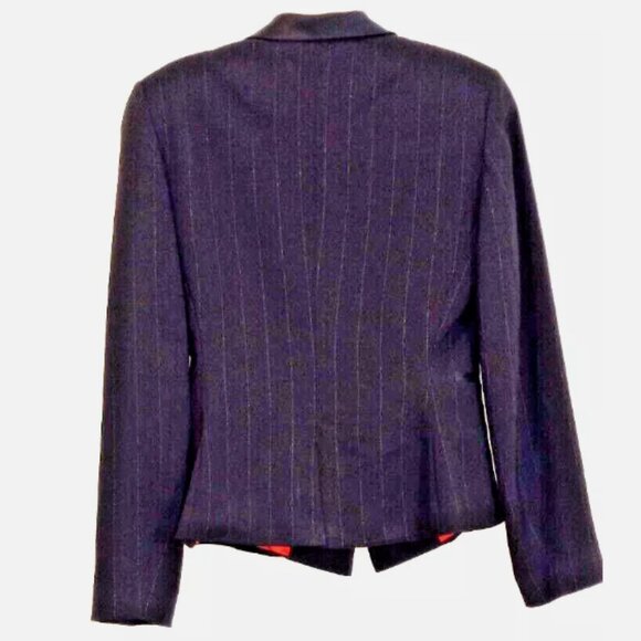 Tahari Tuxedo Style Blazer Sz 2 Black Pinstripe 4 Button Red Satin Lined - Picture 2 of 13